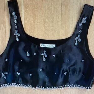 Zara Black Satin Beaded Tank Crop Top
